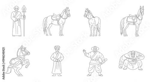 Outlined Drawings of Ancient Middle Eastern Figures and Horses
