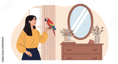 Happy young woman stands in bedroom holding a large colorful parrot on her hand near a wooden dresser and oval mirror.