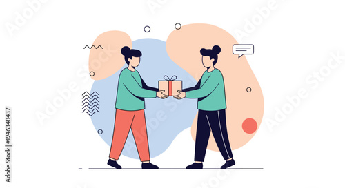 Two women in green shirts exchange a wrapped gift box against an abstract background representing friendship and giving.