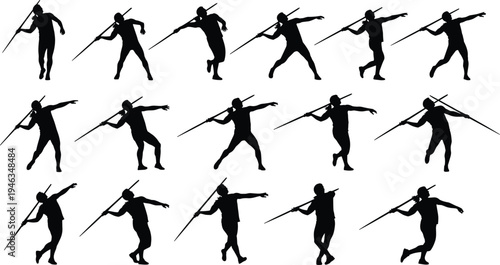 Javelin throw athlete silhouettes collection set, track and field sport action flat vector illustration isolated on white background