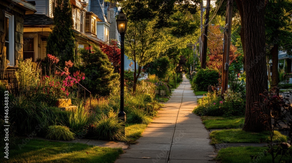 Fototapeta premium Serene Evening Stroll Along Tree-Lined Sidewalk in Charming Neighborhood with Vibrant Flower Blooms and Warm Streetlight Glow