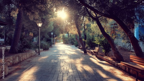 Serene Pathway in a Shaded Park with Sunlight Filtering Through Trees at Evening Time