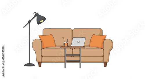 Cozy Home Office Setup Illustration with Sofa, Laptop, and Floor Lamp on White Background