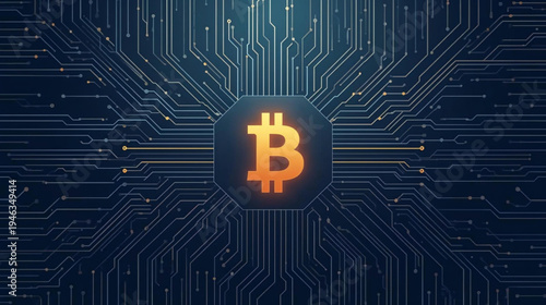 a glowing Bitcoin symbol embedded in a high-tech circuit board vector illustration