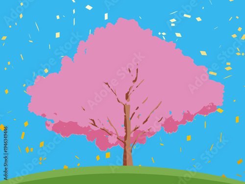 桜, 春, 木, 風景, 自然, 空, 草, ベクター, イラスト, 雲, サマータイム, とぶ, 公園, 森