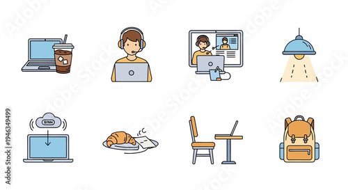 Remote Work and Digital Nomad Flat Icon Set for Online Education and Freelancing