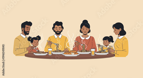 Family eating together at dinner table.