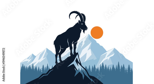 Goat standing on mountain peak silhouette.