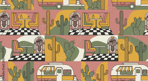 Retro 1950s diner pattern with jukeboxes, booths, cacti and vintage camper van in desert landscape