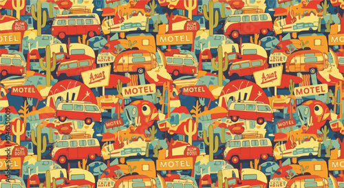 Vibrant seamless retro pattern featuring classic cars, motel signs, and desert cacti, perfect for vintage travel and Americana themes.