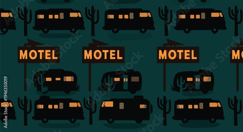 Seamless pattern of retro RVs, glowing motel signs, and cacti in a desert landscape at night, evoking vintage road trip adventures.