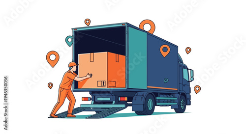 Man pushing large cardboard box into truck.