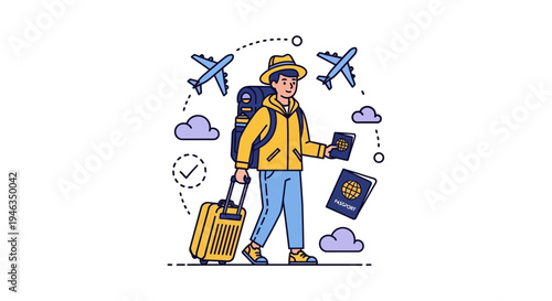 Man with Backpack and Luggage Traveling.
