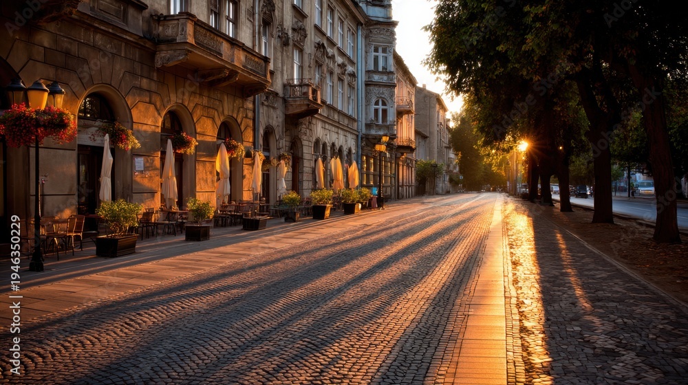 Fototapeta premium Serene Morning Street Scene with Warm Sunlight and Cobblestone Path in Urban Setting