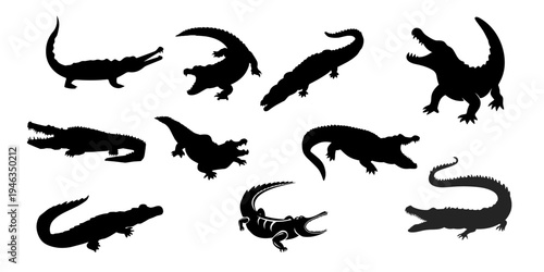 Crocodile and Alligator Silhouette Collection Reptile Predator Vector Set