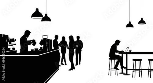 Silhouettes of people in cafe.