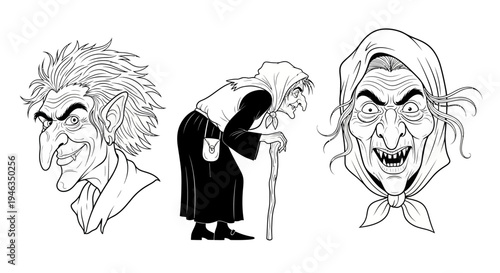 Set of Spooky Witch Characters in Black and White
