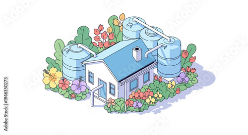 Small house with blue roof and silos.