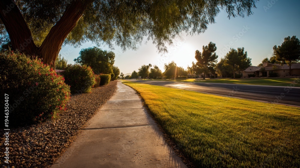 Obraz premium Scenic Evening Pathway with Golden Sunlight and Lush Green Grass in a Peaceful Neighborhood Setting