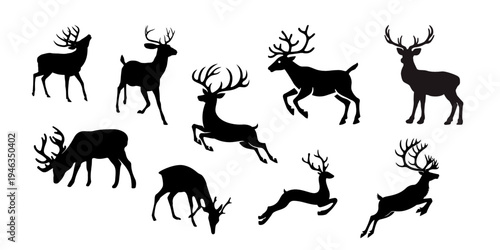 Collection of deer and stag silhouettes in different poses including running, jumping and grazing ideal for wildlife and forest themed designs.