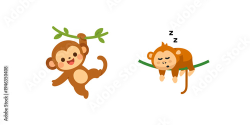 Cute Cartoon Monkey Set Playing and Sleeping Vector Illustration