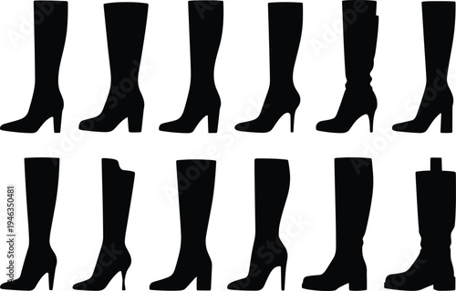 Women boots silhouette, high heel boots, fashion footwear set, black boot collection, stylish female shoes, winter boots, vector illustration
