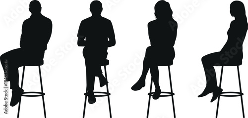 People sitting on stool silhouettes, men and women seated bar chair poses set, human sitting vector icons