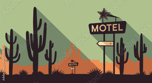 Retro motel sign in a desert landscape with saguaro cacti and mountains in the background, flat design style