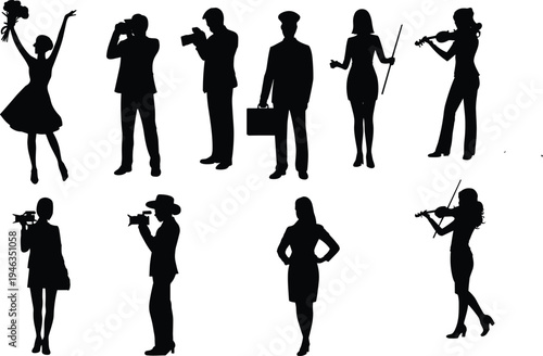 Professional people silhouettes collection, photographer cameraman musician police officer characters set, creative jobs vector icons, black profession silhouette illustration