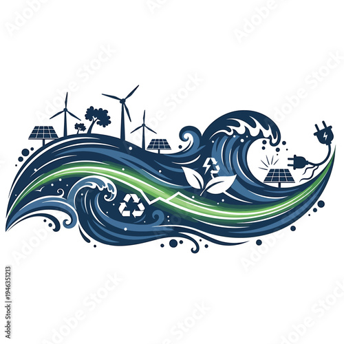 Abstract flow illustrating the synergy of sustainable energy and natural environment, featuring renewable technology within ocean waves