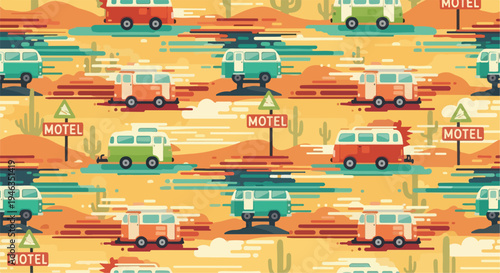 Retro van pattern in desert landscape with cactus and motel signs, vibrant colors, seamless repeating background