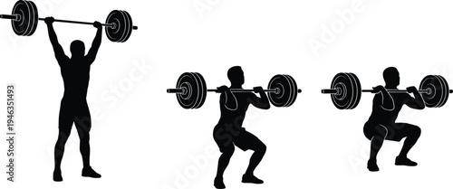 Weightlifting athlete silhouettes performing barbell clean, squat and overhead press exercises isolated on white background strength training fitness concept