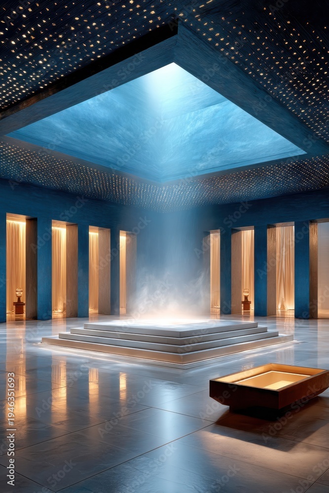 Fototapeta premium Cinematic sci-fi time portal chamber with glowing platform, ethereal light beam and futuristic architecture