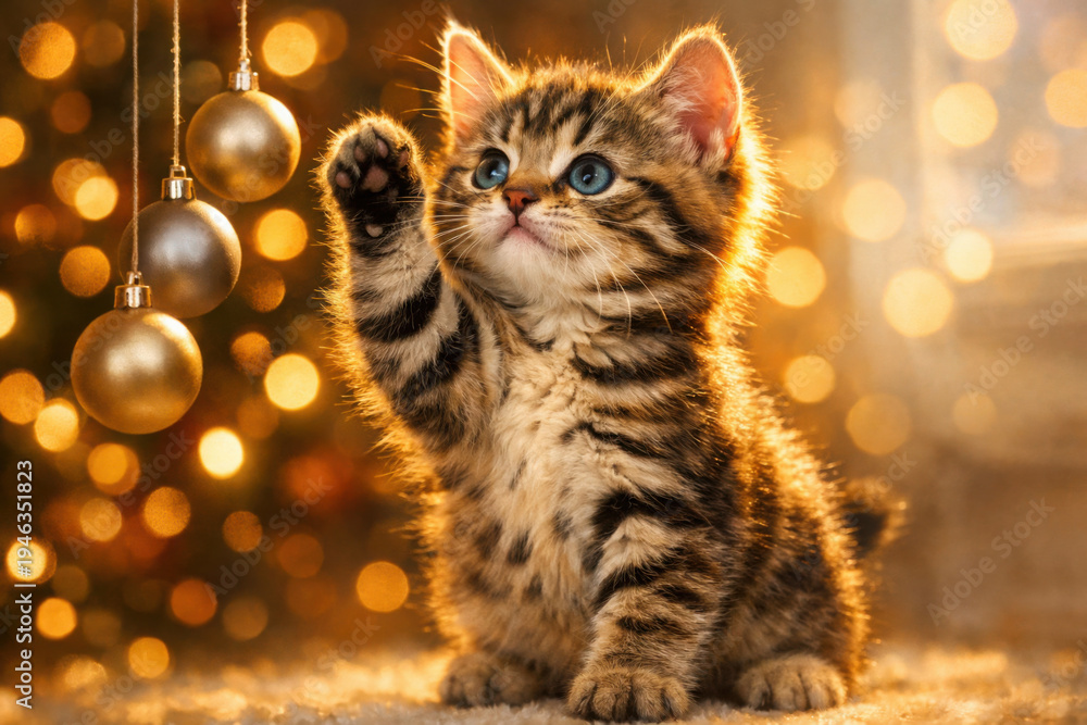 Fototapeta premium クリスマスオーナメントで遊ぶ可愛い子猫、黄金色のボケ光に包まれた冬の温かい室内風景、キジトラの小さな猫とクリスマスの飾り、ホリデーシーズンのグリーティングカードや広告に最適な高品質な動物の画像
