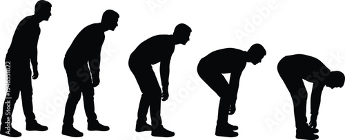 Man forward bending stretch exercise progression silhouettes showing flexibility training warm up routine isolated fitness workout illustration