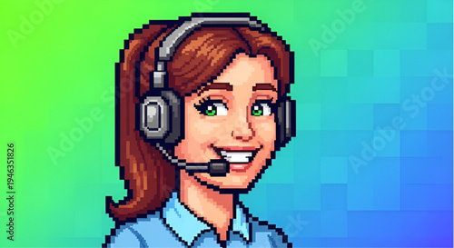 Pixel Art Portrait of Smiling Woman with Headset for Customer Service or Gaming