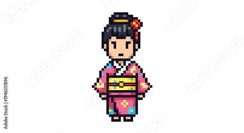 Pixel Art Japanese Woman Character Wearing Traditional Kimono Yukata