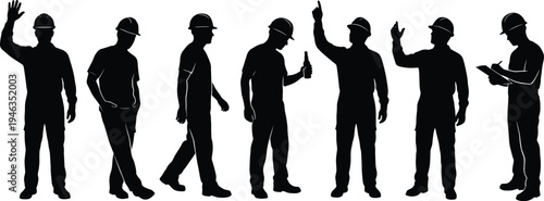 Construction worker silhouettes collection showing builders waving walking pointing celebrating and checking clipboard isolated on white background industrial workforce vector