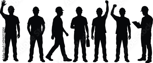 Construction worker silhouettes set showing builders standing walking waving celebrating and checking clipboard isolated on white background industrial workforce concept