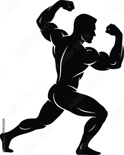 Bodybuilder flexing muscles silhouette showing strong athletic male pose isolated on white bodybuilding fitness vector illustration