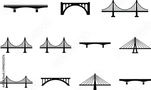 Bridge silhouettes icon set featuring suspension, arch and cable stayed bridges isolated on white infrastructure vector illustration