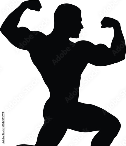 Bodybuilder flexing biceps silhouette showing muscular male bodybuilding pose isolated on white fitness strength vector illustration