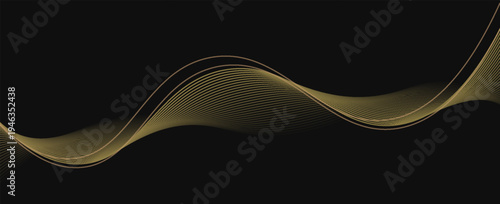 Abstract luxury with shining gold lines waves on black background. Futuristic background of flowing gold lines for banner, poster, cover, brochure, flyer, website