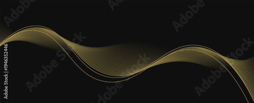 Abstract luxury with shining gold lines waves on black background. Futuristic background of flowing gold lines for banner, poster, cover, brochure, flyer, website