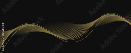 Abstract luxury with shining gold lines waves on black background. Futuristic background of flowing gold lines for banner, poster, cover, brochure, flyer, website