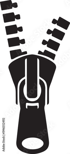 A sleek black zipper illustration with a minimalist design and metallic slider. Vector