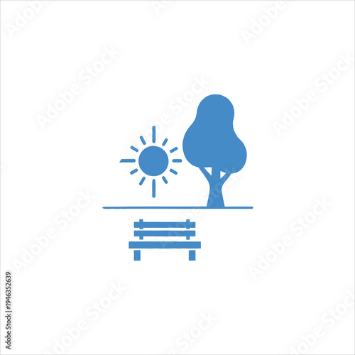 A blue park scene with a bench tree and sun