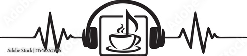 Coffee break with a podcast session and headphones on a soundwave line Vector