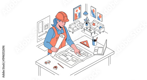 Female Architect Working on House Blueprint Design, Isometric Illustration