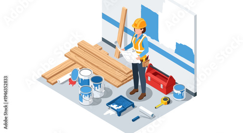 Isometric Female Architect or Contractor Planning House Renovation with Blueprints and Tools